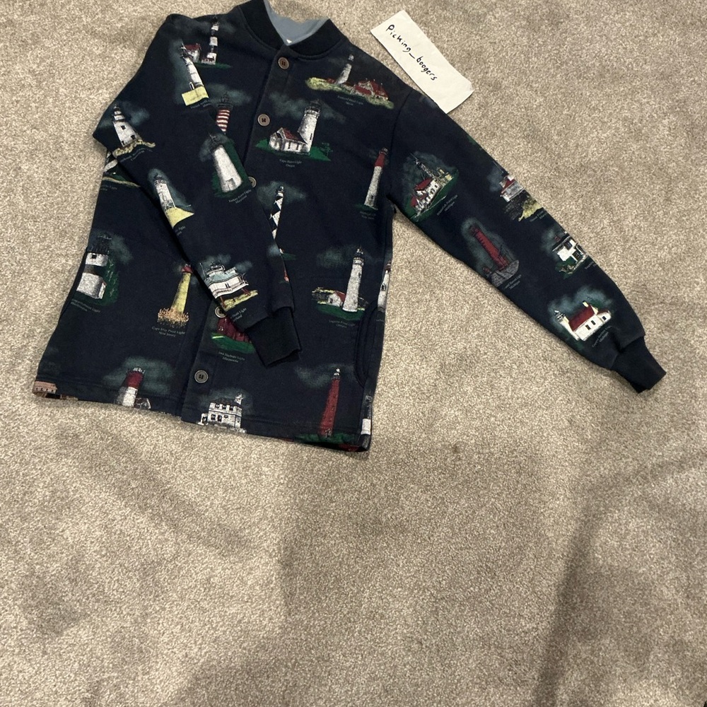 Vintage Art Unlimited Light House Cardigan Size Small‎ Blue Lighthouse USA